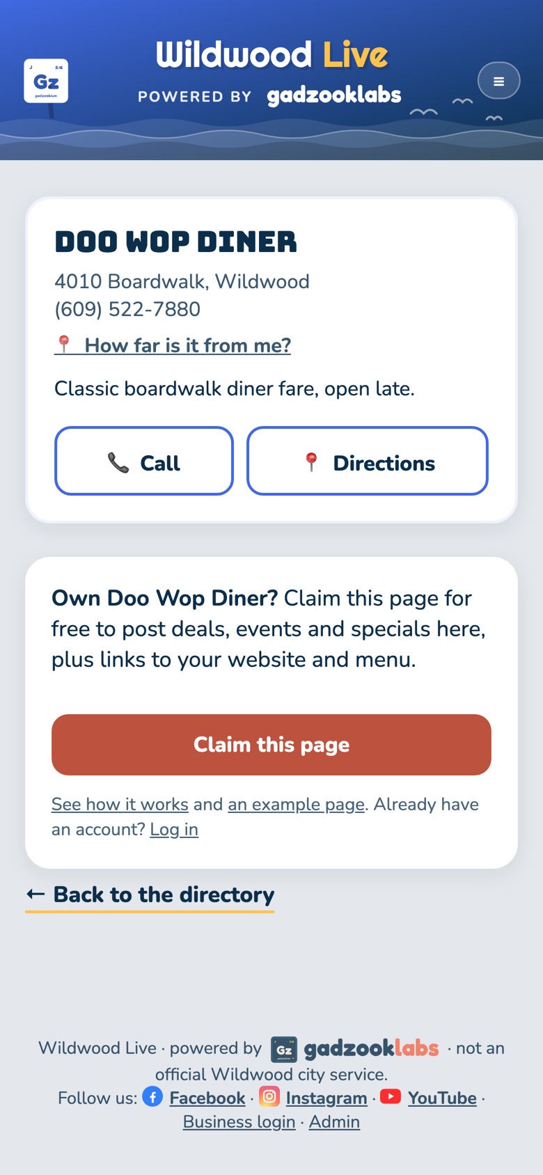 A business page in Wildwood Live with Call, Directions and Claim this page buttons