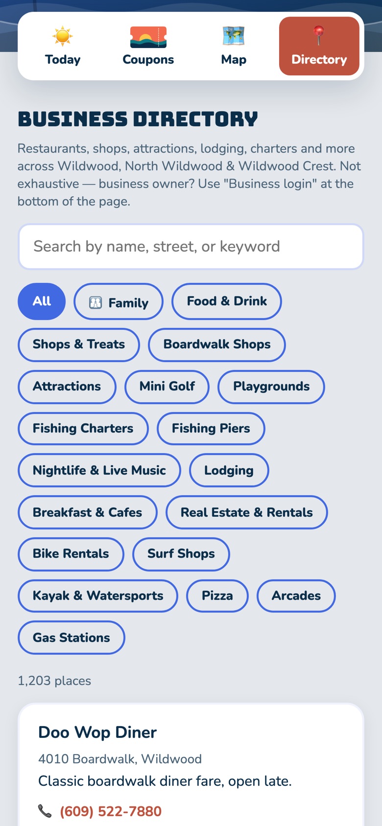 Business directory with search and category buttons