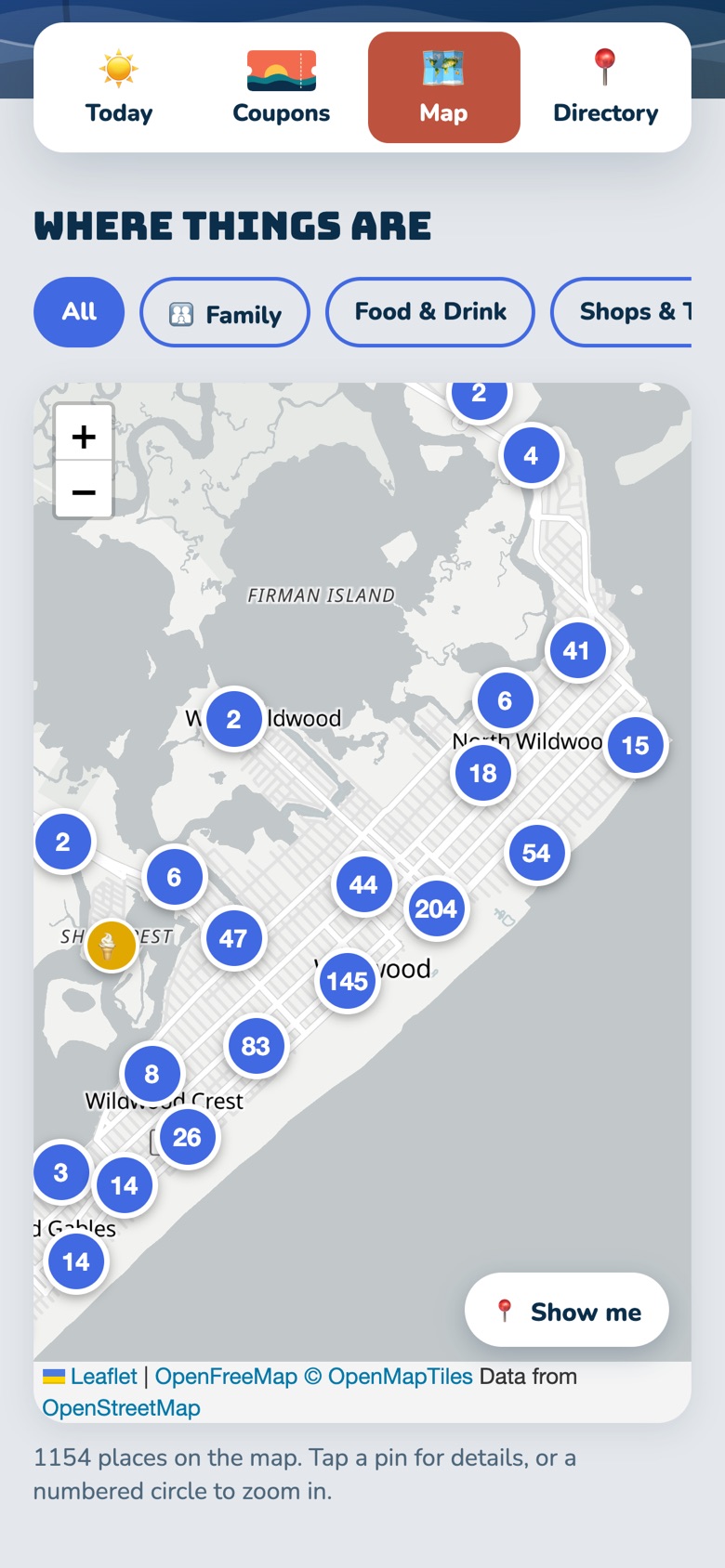 Map of the Wildwoods with clusters of places and category filters