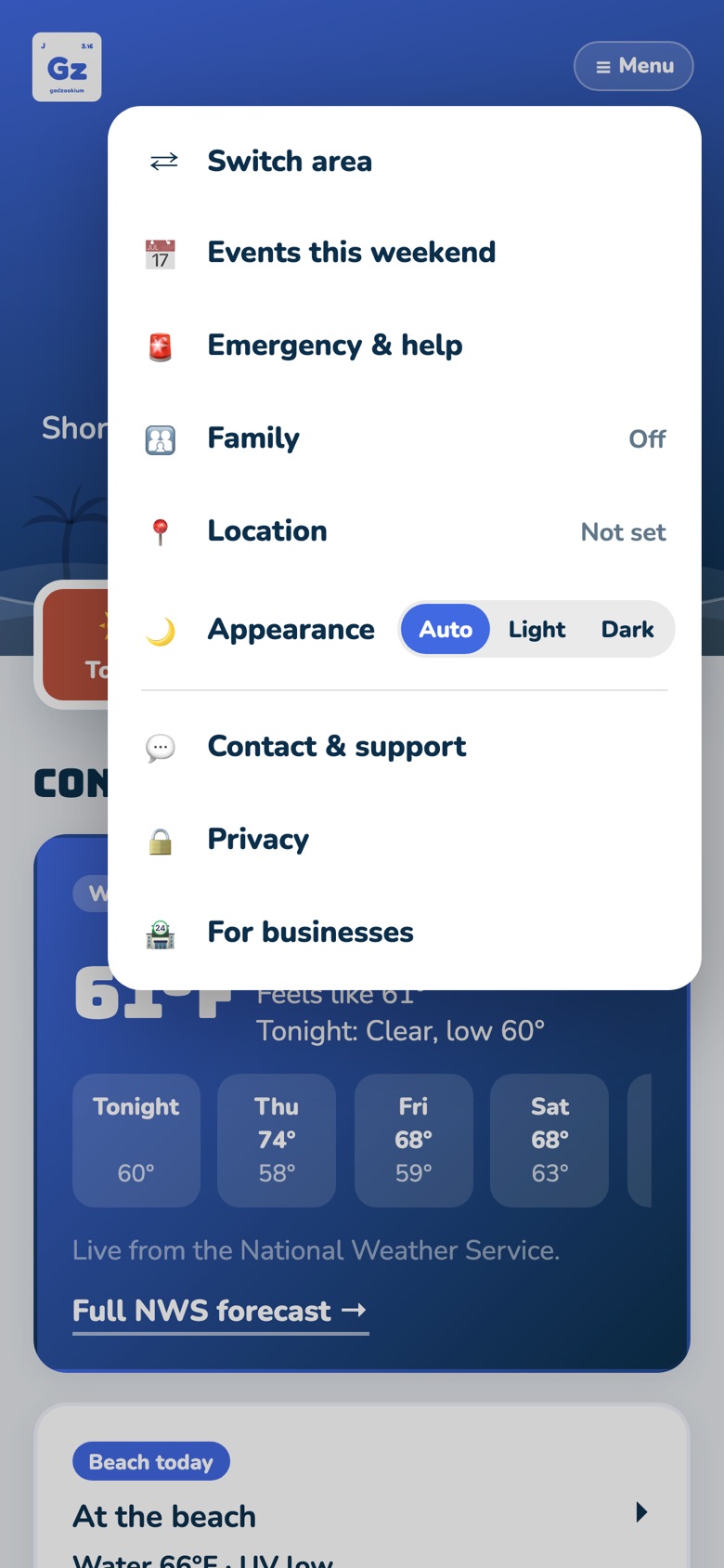 Menu with Switch area, Alerts, Events, Emergency and help, Family mode and Appearance