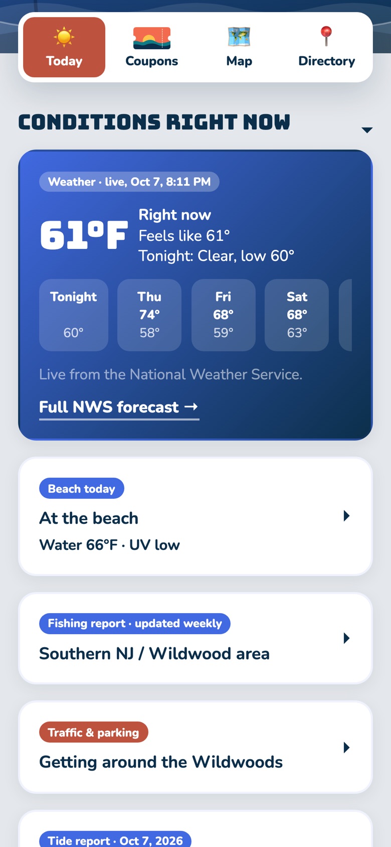 Wildwood Live Today tab: weather, beach, fishing report and traffic