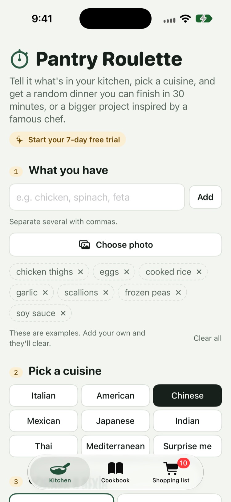 The Pantry Roulette kitchen screen with ingredients and cuisines
