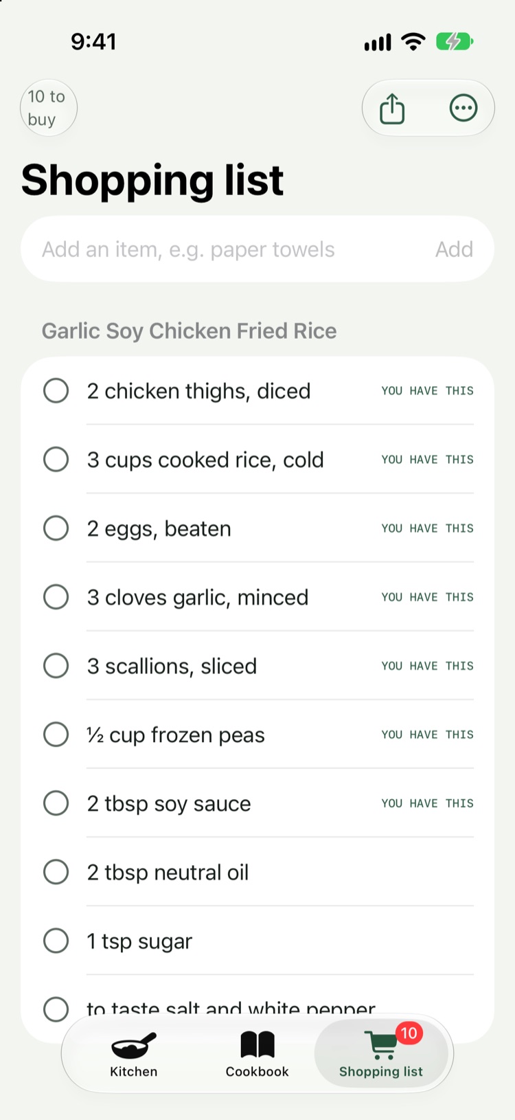 A shopping list grouped by recipe, with items you already have marked